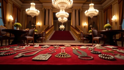 Runway finale, Ballroom elegance jewelry on velvet display forefront