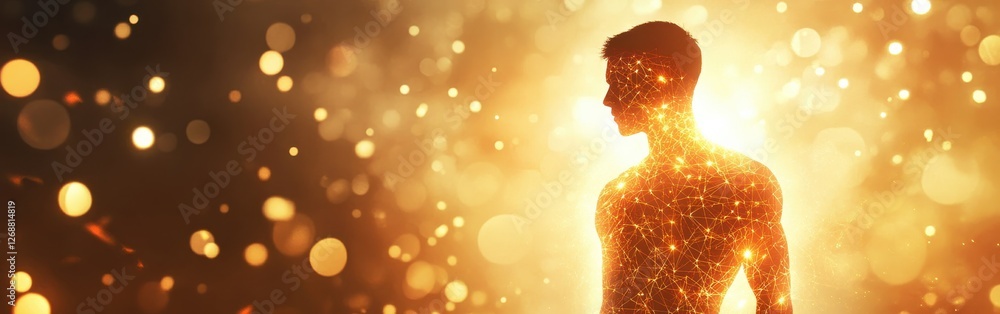 Aufkleber mystical silhouette of a man surrounded by glowing lights at dusk in an ethereal setting