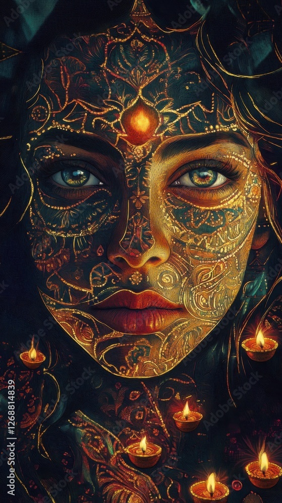 Poster mystical representation of a woman's glowing face adorned with intricate patterns