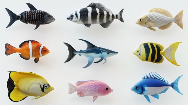 3d illustration of collection of 12 different types of fish. There are 12 fish in total, each with a unique design and color scheme