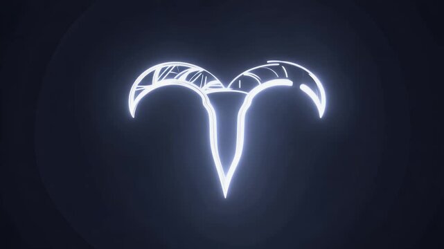 video of astrological sign featuring white icon symbolic ram horns line animation Aries horoscope predictions olated dark background alpha channel transition effects