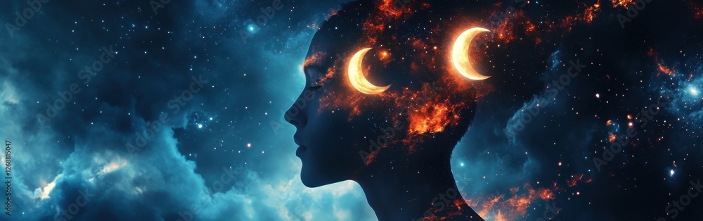 Aufkleber mystical profile of a man filled with cosmic elements and celestial bodies in a dreamlike atmosphere