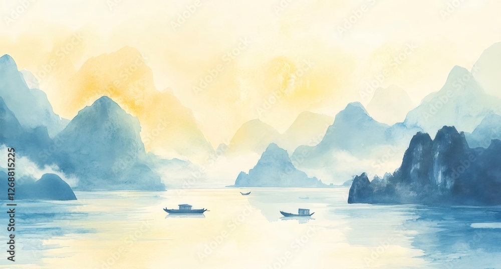 Wall mural Sunrise, boats, misty mountains, watercolor, Asia