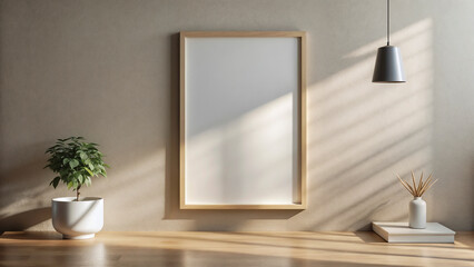 Minimalist Interior Mockup, A blank, vertical poster mounted on a clean, neutral-colored wall