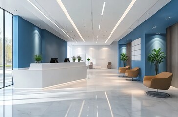 Modern office front desk, with a white and blue color scheme, interior design rendering style. The gray ceiling features wood grain elements. modern living room with white furniture