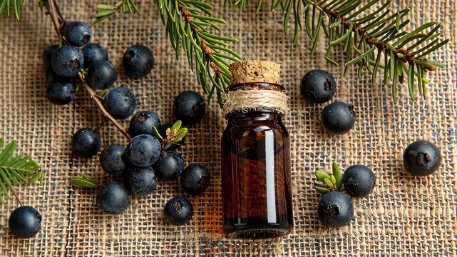 juniper essential oil on burlap background