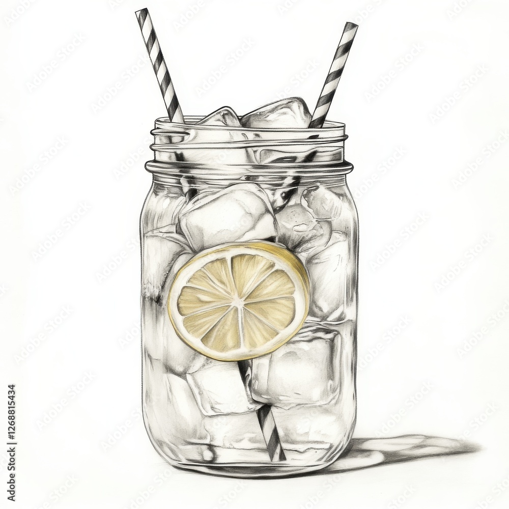 Poster refreshing lemonade in a mason jar with ice for a perfect summer drink served with striped straws
