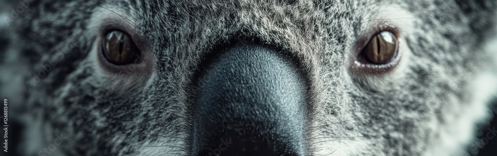 Poster close-up view of a koala's face highlighting its expressive eyes and velvety fur with a serene backg