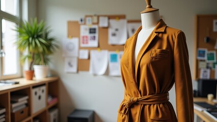 Fototapeta premium Runway finale, Designer studio backdrop focus on textiles and mannequin