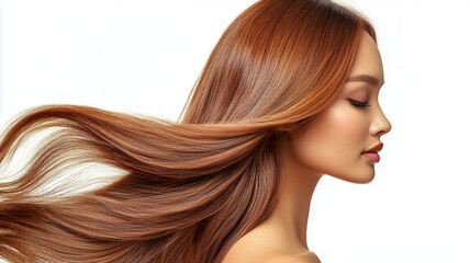 Obraz premium A profile view of a woman with flowing, glossy hair, showcasing a smooth and healthy appearance against a clean, white background, on white background