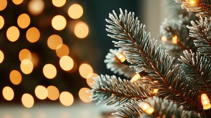 Frosted Christmas Tree Branch with Golden Lights and Bokeh Background