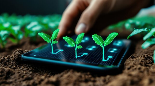 AI-powered tablet showing smart agriculture data with a farm as the background, futuristic eco-tech