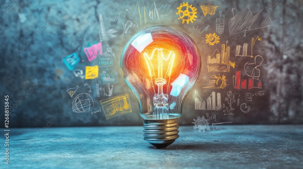 Leinwandbilder glowing multicolored light bulb illuminating sketches of ideas and concepts against a textured gray 