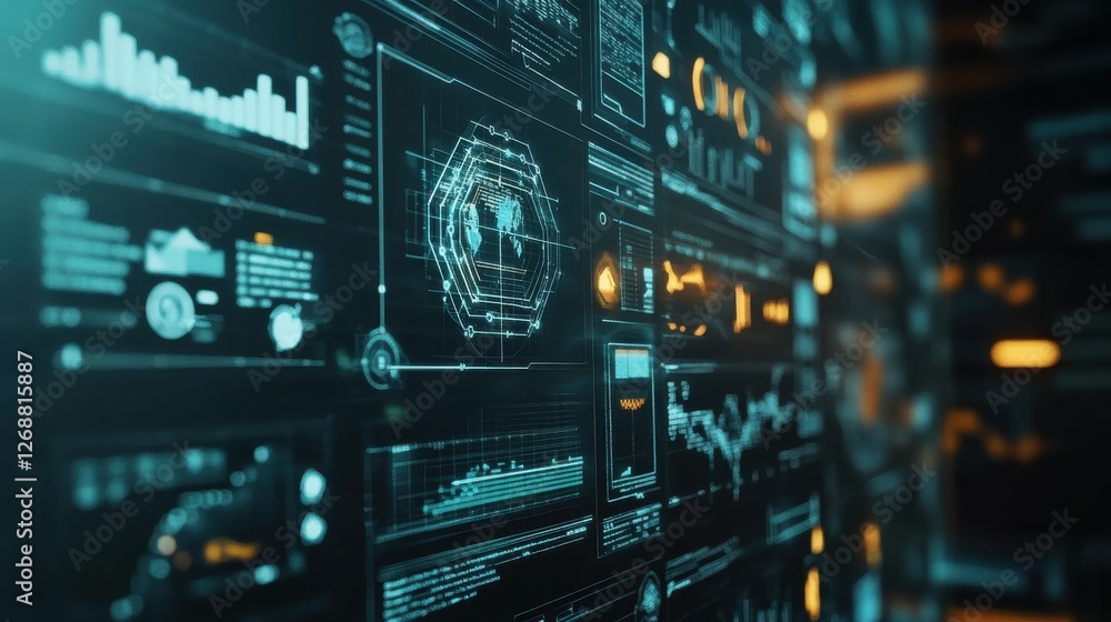 Poster innovative display showcasing fintech platforms and data analytics in a modern tech environment