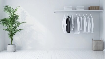 Bright and airy room features a minimalist white closet adorned with hanging garments in neutral tones. A vibrant plant adds a touch of life, creating a calm ambiance ideal for relaxation