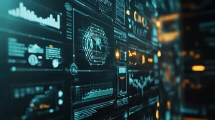 Obraz premium Innovative display showcasing fintech platforms and data analytics in a modern tech environment