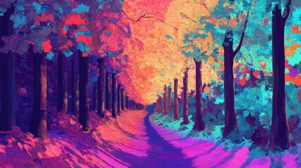 A vibrant painting of a colorful path through the forest