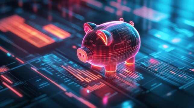 Futuristic representation of savings with a digital piggy bank on a tech background