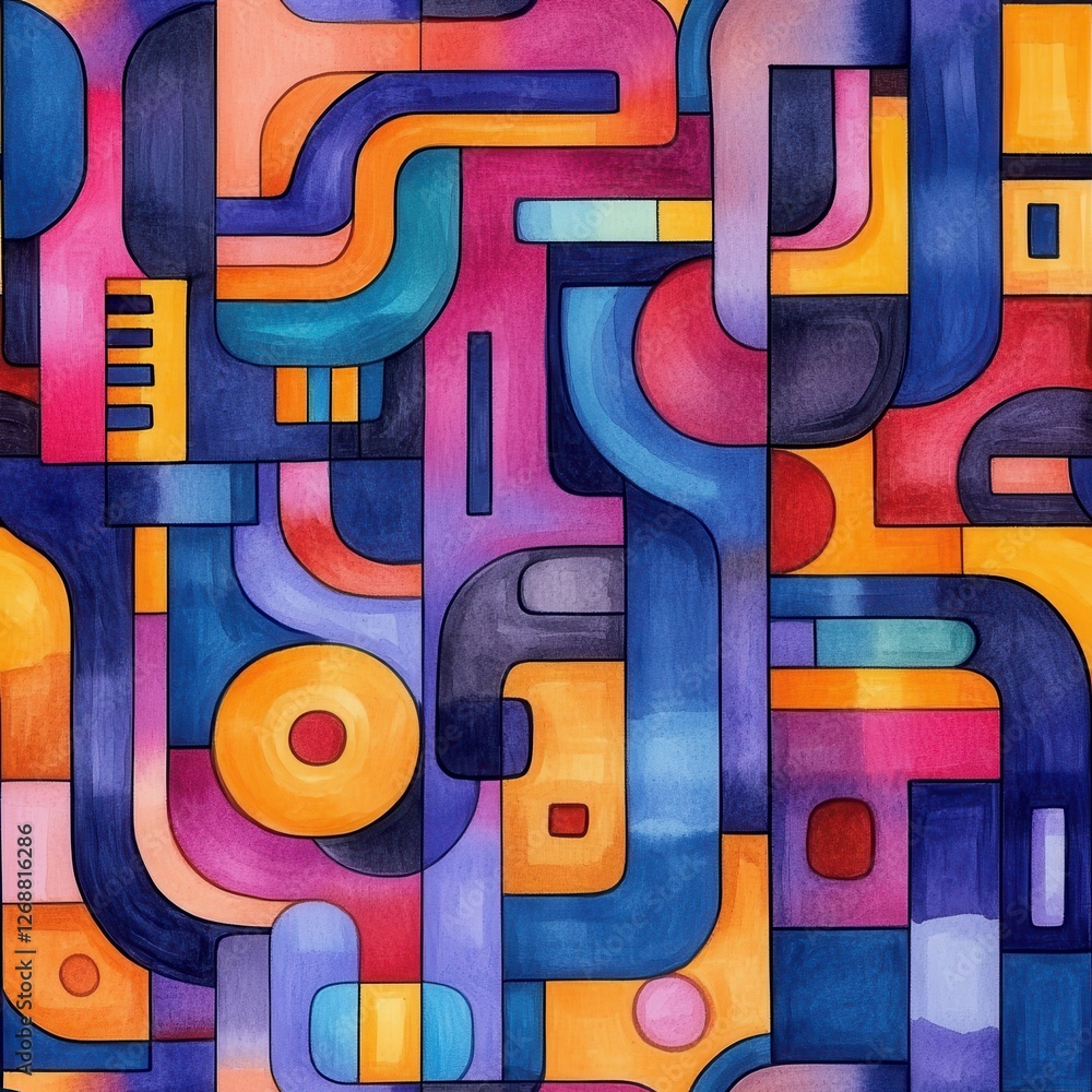 Poster colorful dynamic doodle patterns with a watercolor effect, showcasing vibrant shapes and playful des