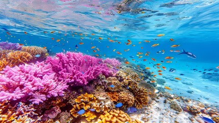 Vibrant underwater coral reef scene with colorful fish swimming near the surface