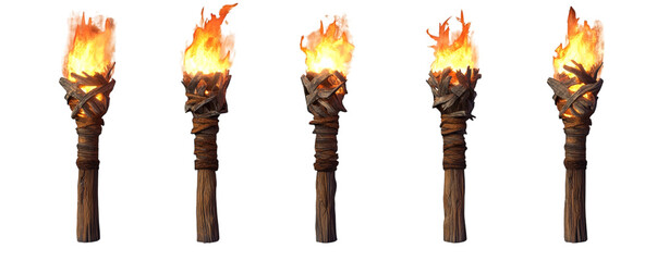Five burning wooden torches with flames isolated on black background