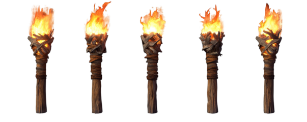 Five burning wooden torches with flames isolated on black background