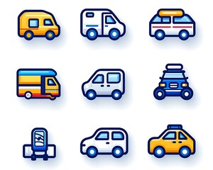 Colorful Icon Set of Various Vehicle Designs for Digital Use