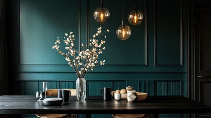 Elegant black wooden dining table adorned with flowers and modern decor in a stylish living space