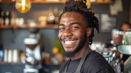 Cheerful young African American barista wearing apron standing in coffee shop and looking at camera.