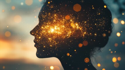 Creative double exposure of glowing embers illuminating a silhouette at dusk