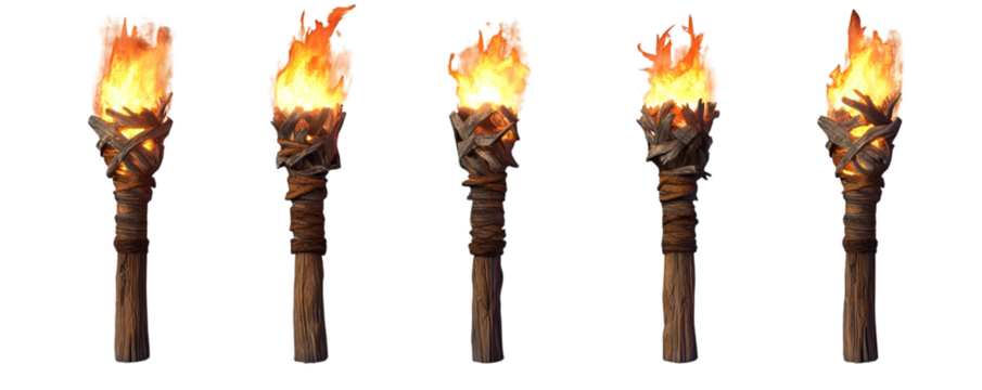 Five burning wooden torches with flames isolated on black background