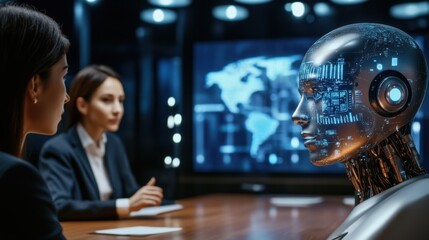 An AI-powered business meeting with a smart assistant displaying real-time insights, digital collaboration, high-tech corporate environment, ultra-detailed realism
