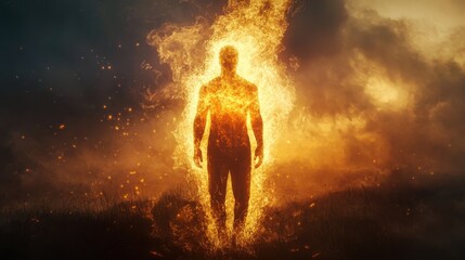 Obraz premium Conceptual representation of a glowing man surrounded by flames in a dramatic sunset landscape