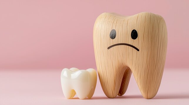 Sad cartoon tooth next to another tooth and a wooden jaw model with a missing tooth in a humorous dental scene