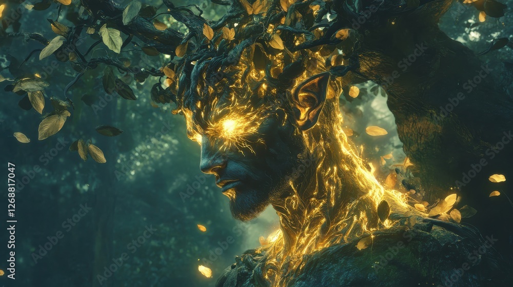 Fototapete man with glowing features and tree-like appearance stands amidst a mystical forest filled with shimm