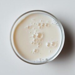 Clear glass of milk with small bubbles displayed on a neutral background in bright lighting during daylight