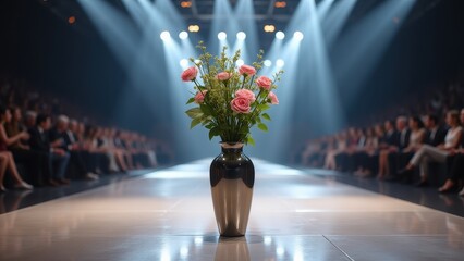Runway finale, Spotlights illuminate a sleek runway floral decor in metallic vases