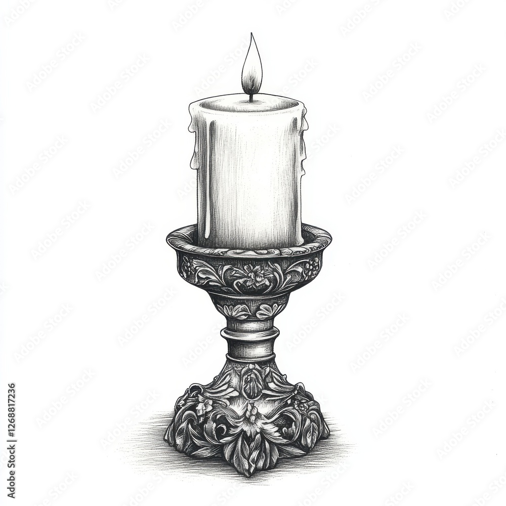 Poster candle burning on ornate decorative stand in a softly lit setting brings warmth and elegance