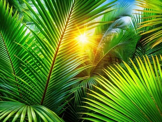 Lush Tropical Palm Leaves Sunburst Background - Vibrant Paradise Stock Photo
