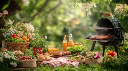 Enjoying a cheerful picnic with a portable grill and delicious food in a vibrant garden setting on a sunny day