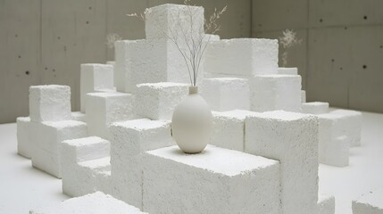 Minimalist White Cubes with Vase and Dried Flowers