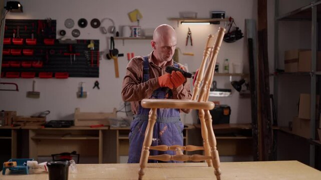 Skilled carpenter preparing vintage wooden chair for restoration using power grinding tool in well-equipped workshop. carpentry and restoration furniture