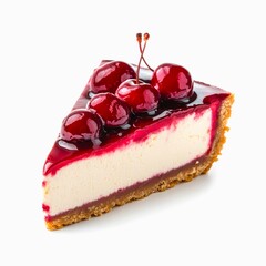 Slice of cherry cheesecake isolated on white background.