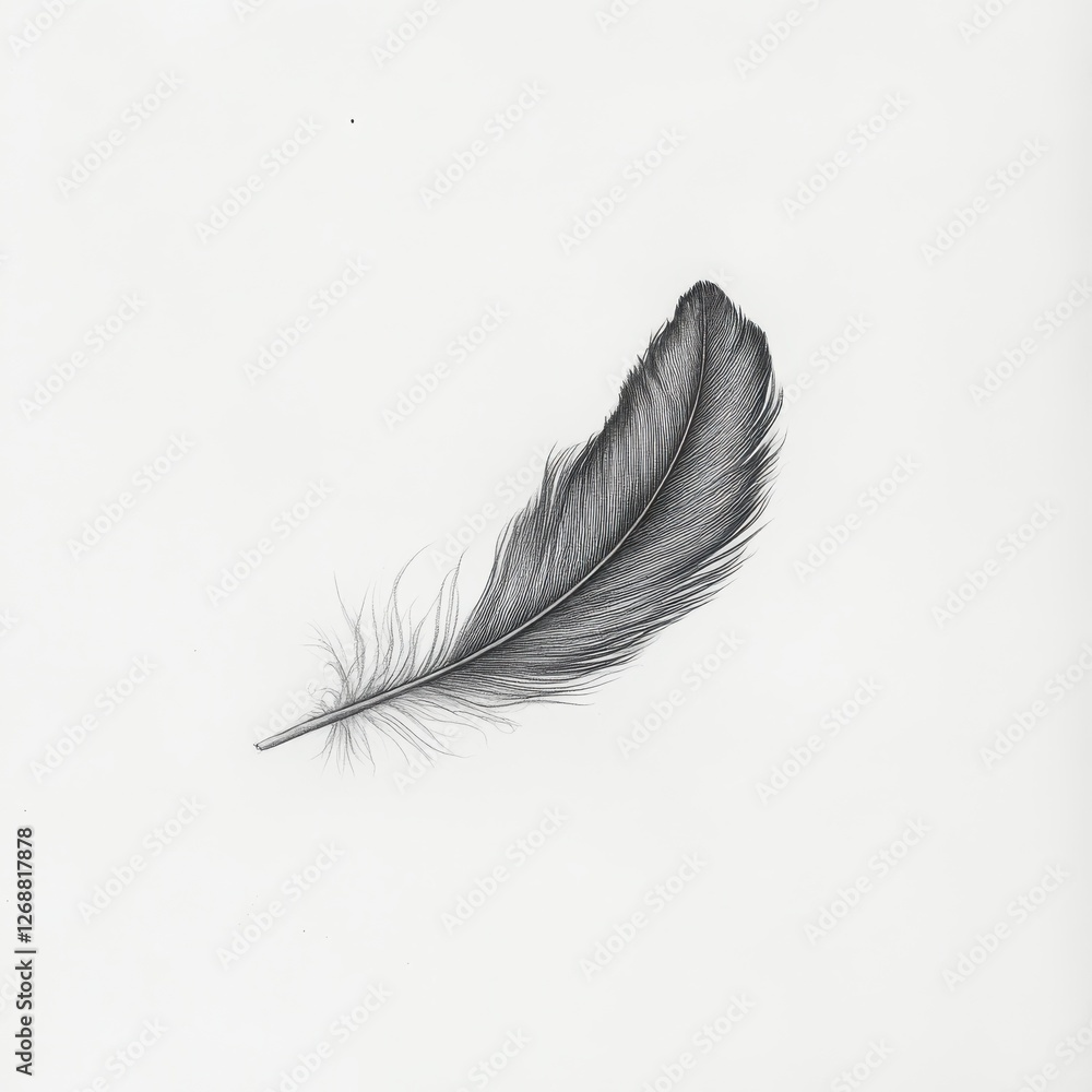 Poster sketch of a delicate bird feather gently drifting mid-air with intricate details and textures