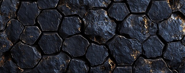 A close-up view of a textured black stone surface featuring a unique hexagonal pattern