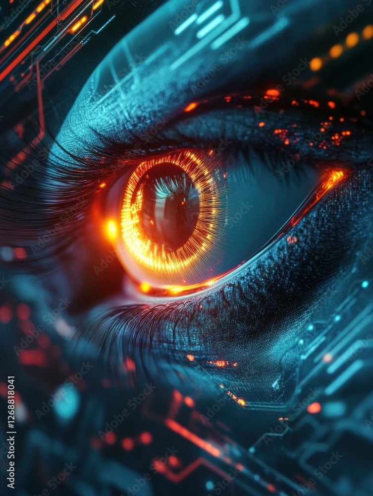 Poster close up view of a glowing robotic eye surrounded by intricate futuristic circuits at a high tech fa
