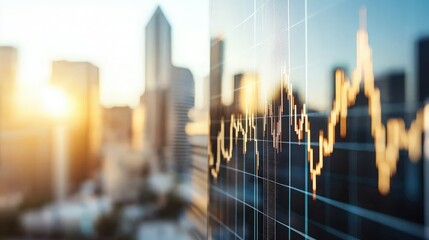 Stock Market Graph Over Cityscape at Sunset.