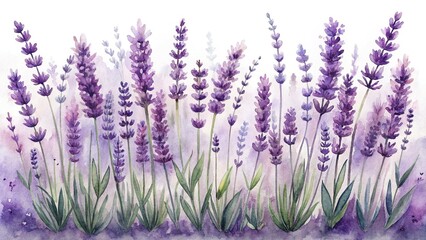 Minimalist Pastel Watercolor Lavender Field Clipart - Simple Flat Design Stock Illustration
