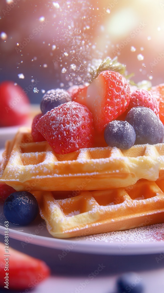Poster Delicious close-up of fluffy waffles topped with fresh strawberries and blueberries in a bright setting