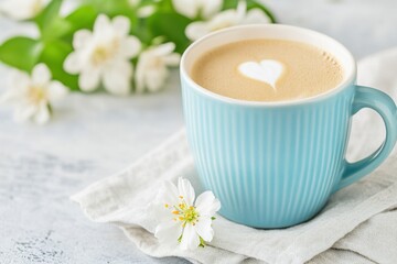 Obraz na płótnie Canvas Rustic breakfast with a pastel blue ceramic cup filled with hot coffee and fresh flowers in a warm inviting setting